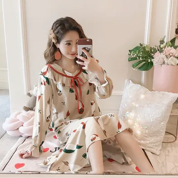 

Long-sleeved nightdress female spring&autumn loose large size cute version of the ladies new home service wear sexy sleepwear