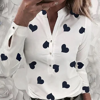 

Heart Printed Stand Collar Women's Blouse Long Sleeves Button Slim Female Blouses 2020 Spring Fashion Ladies Casual Top Clothes