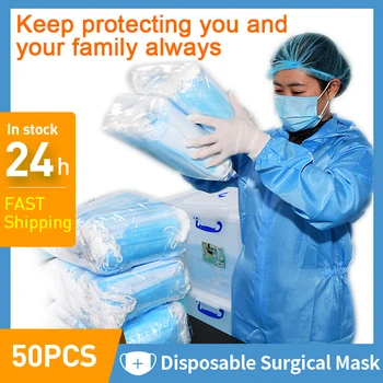 

50Pcs Blue Face Surgical Mask Disposable Medical Mask Breathable Non-woven 3 Ply Protective Anti Droplet Airborne Pollen Mask