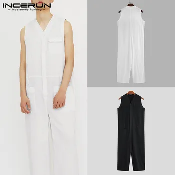 

INCERUN 2020 Men Cargo Overalls Sleeveless Jumpsuit Men Cotton Multi Pockets Solid Color V Neck Rompers Streetwear Pants S-5XL