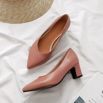 

2019 autumn new fashion simple solid color high heels women retro style comfortable pointed toe casual high heels