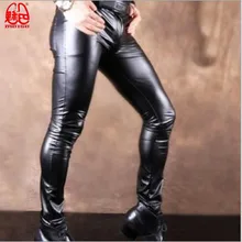 Пикантные мужские узкие кожаные сапоги до середины икры для отдыха, брюки, обтягивающие сапоги, брюки, леггинсы в стиле панк из искусственной кожи, блестящие узкие брюки