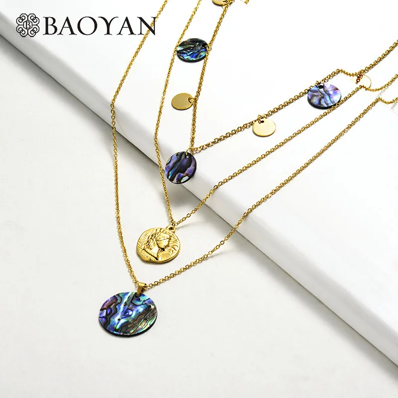 Baoyan многослойные ожерелья в виде ракушки абалона, золотые ожерелья из нержавеющей стали, богемные ожерелья в виде рога, Листьев, ожерелья с кулоном для женщин - Metal Color: SSNEG142-15797