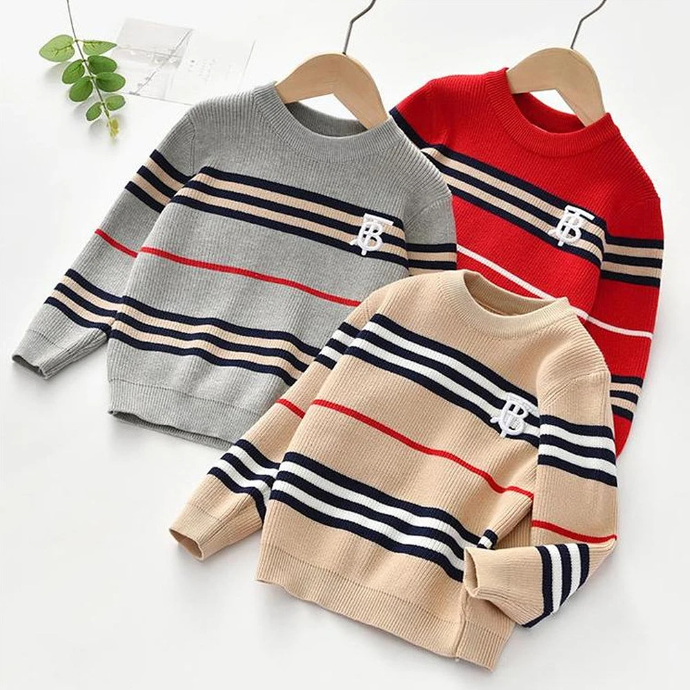 

2020 Autumn winter Korean version of the European college style stripe body flower long-sleeved round neck children's sweaters