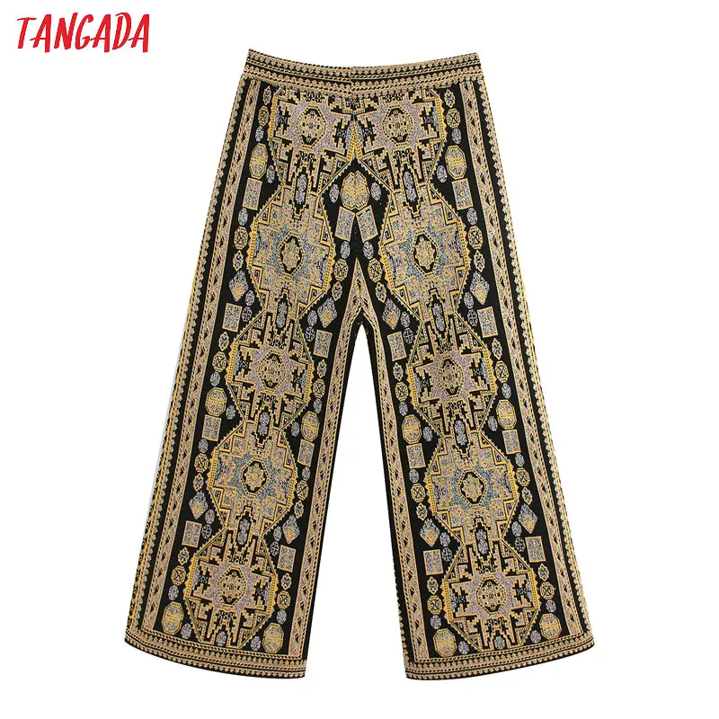 Tangada Женские винтажные жаккардовые трикотажные широкие брюки с эластичной талией женские повседневные брюки pantalones BE189