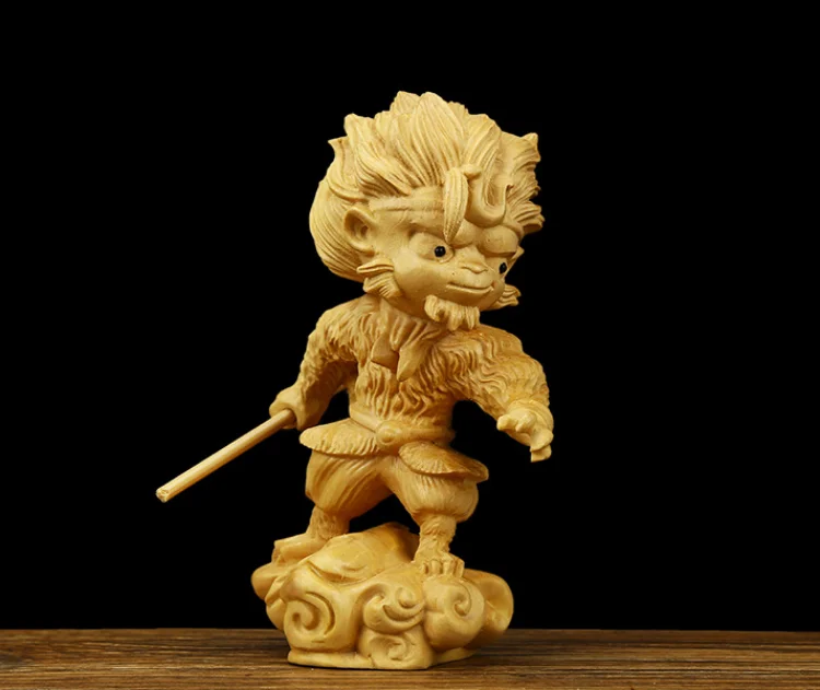 4," китайская шкатулка-деревянная ручной резной Sun Wukong Monkey Kings золотая статуя Cudgel