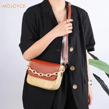 

Woven Straw Shoulder Bag Women PU Splicing Beach Messenger Small Chain Purses Youth Ladies Simple Versatile Bag