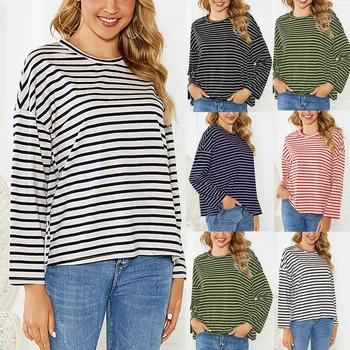 

Autumn New Women Fashion Casual Loose Stripe Print Loose Long Sleeve Top Wholesale Free Ship рубашка женская Z4