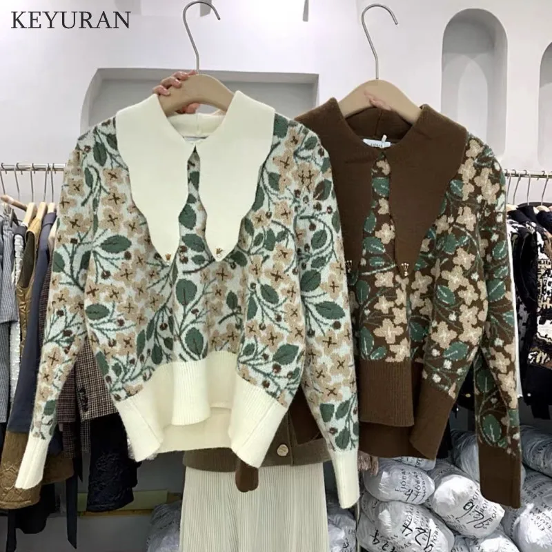 Korean Chic Autumn Women Pullovers Sweaters Retro Pearl Beaded Peter Pan Collar Flower Jacquard Loose Knitting Jumpers Ladies | Женская