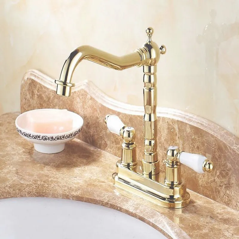 

Gold Color Brass 4" Centerset Bathroom Two Holes Basin Faucet Sink Mixer Tap Swivel Spout Double Ceramic Levers mnf431