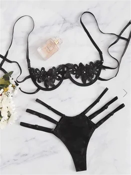 

Women Sexy Lingerie Set Embroidery Flower With Under Wire Bra Transparent Underwear For Lady Free Shipping