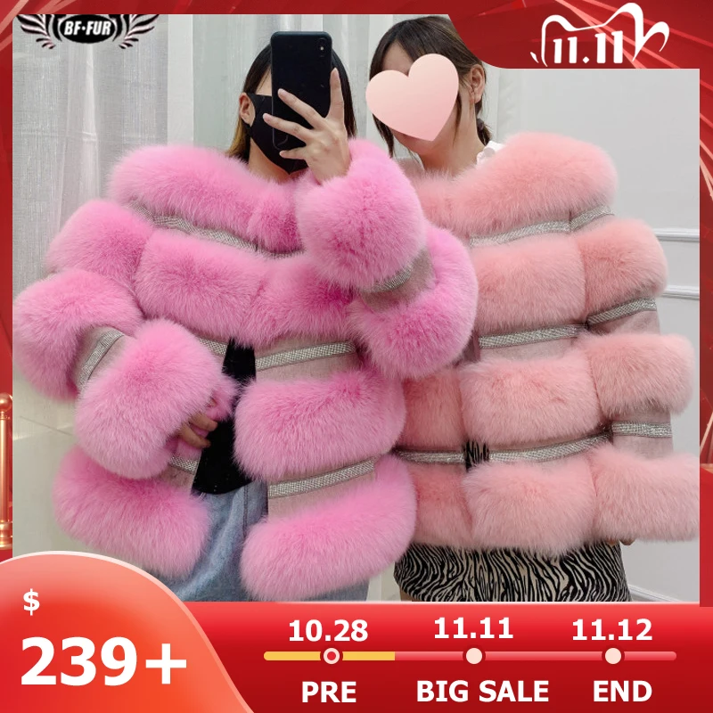 

BFFUR 2020 Winter New Real Fox Fur Coat Women Genuine Fox Fur Jacket Splicing Cashmere Woolen Fur Coats With Crystal Diamonds