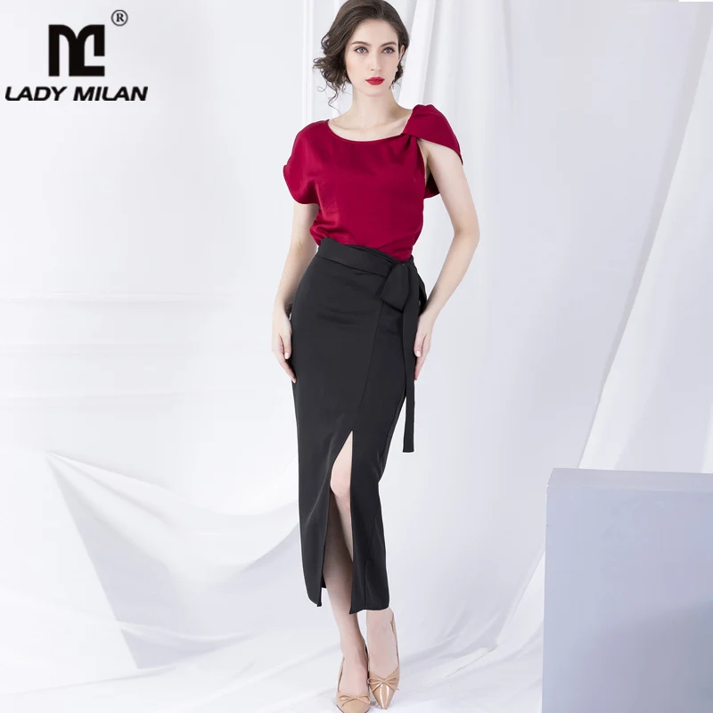 

Women's Runway Twinsets O Neck Short Sleeves Fashion Blouse with Sexy Split Sash Belt Skirts Fashion Two Piece Dress Sets