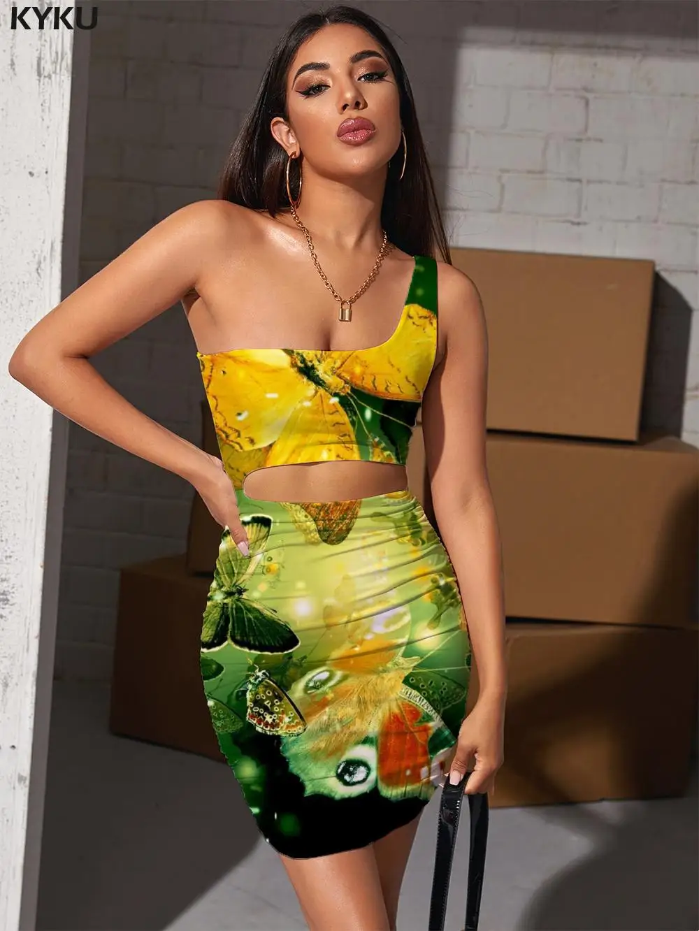 

KYKU Brand Butterfly Dress Women Animal Vestido Sexy Colorful Bodycon Dress Harajuku Pleating Womens Clothing Mini Evening Beach