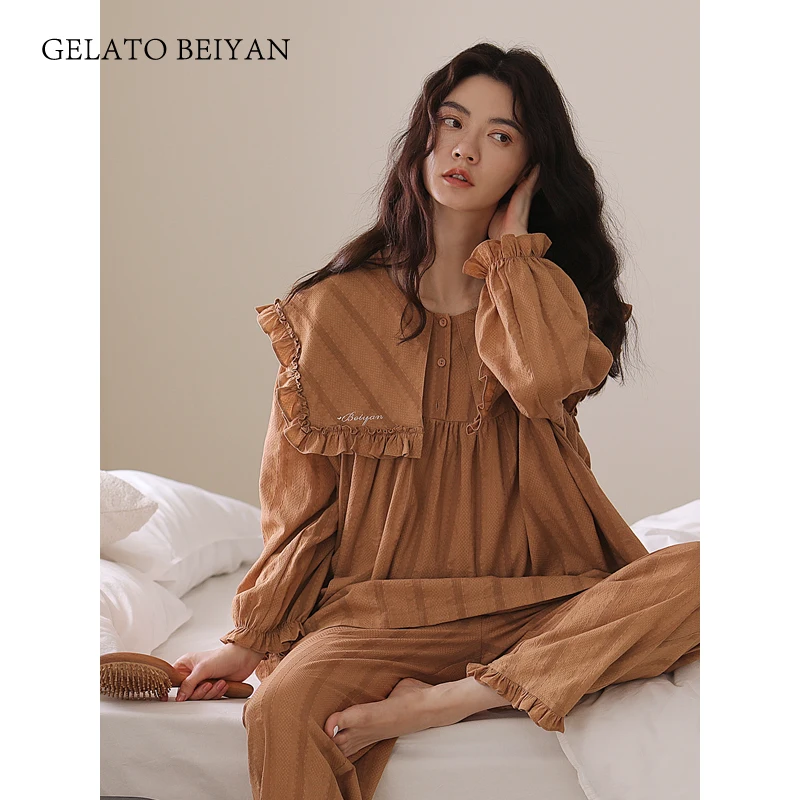 봄 가을 여성 코튼 잠옷, 귀여운 캐주얼 우븐 코튼 긴팔 정장, 루즈한 라지 사이즈 여성 홈웨어