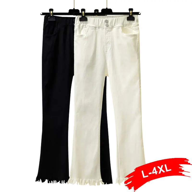 Plus Size Elastic Waist White Capris Jeans Mom 4XL Summer High Fringe Tassel Ankle Length Slim Fit Stretch Denim Pants | Женская одежда