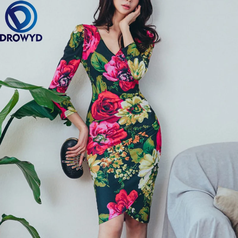 

Women Sexy Tight Midi Dress Summer Fashion Floral Print V-neck Long-sleeve Bag Hip Boho Casual Beautiful Party Dresses Vestidos