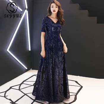 

Evening Dresses Skyyue ER264 Short Sleeve V-neck Navy Blue Robe De Soiree 2020 Formal Dress Sequins Long Evening Gown