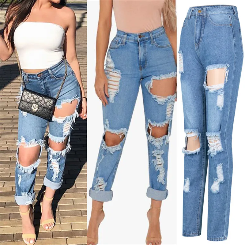 2020 Trendy Woman Ripped Denim Jeans High Waist Boyfriend Jeans Fashion Sexy Long Pants Women