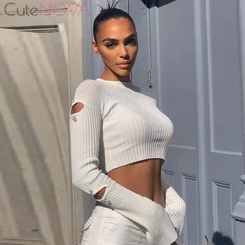 

CuteNOVA 2020 New Autumn Fashion Women's White Long Sleeve O-neck Hollow Striped Cozy Short T-shirt Sexy Girl Party Streetwear