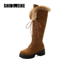 Сапоги до колена зимняя обувь женские теплые зимние сапоги женская обувь на толстом квадратном каблуке ботинки с перекрестной шнуровкой размеры 34-43, J617