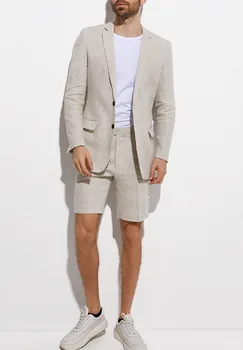 

Fashion Summer New Linen Jacket Shorts Beach Wedding Groom Slim Fit Dress 2 Piece Breathable Lightweight Suit traje hombre