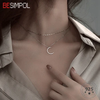 

100% Real 925 Sterling Silver Moon Necklace Elegant Double Layer Gold Chain Necklace For Women Fashion Luxury Fine Jewellery