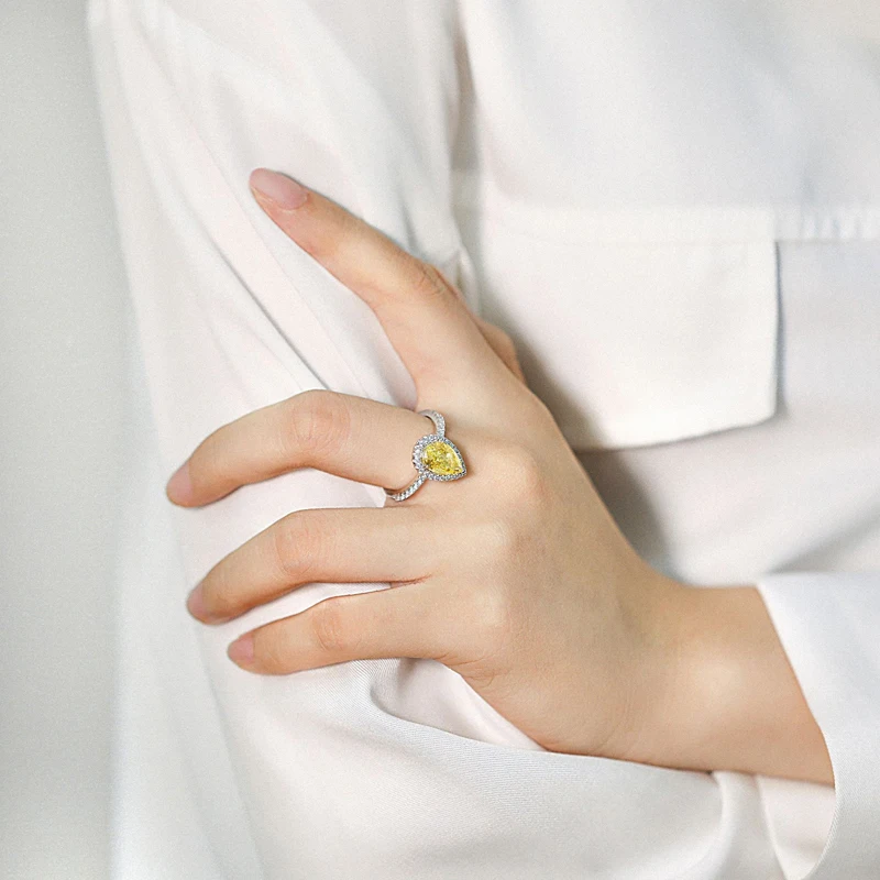 OEVAS 100% 925 Sterling Silver Yellow Water Drop High Carbon Diamond Rings For Women Sparkling Wedding Party Fine Jewelry Gift
