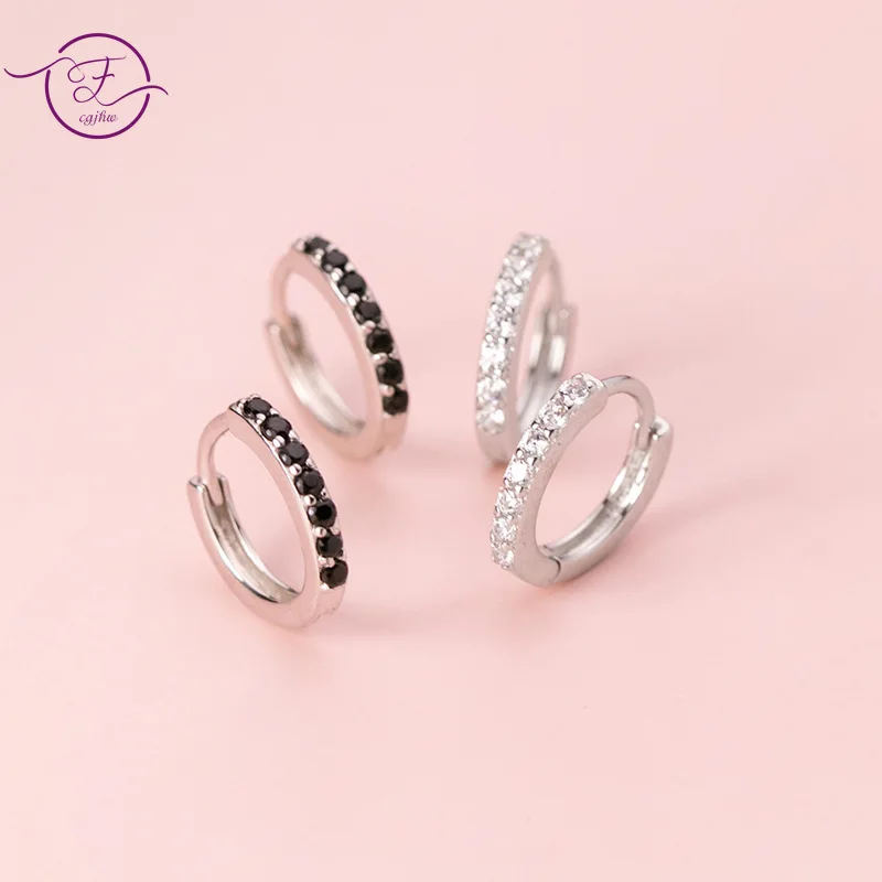

925 Sterling Silver Hoop Earrings Black White Zircon Ear Jewelry Women's Fashion Personality Round Earring