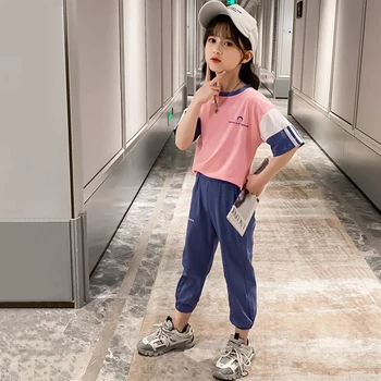 

Children Clothes Girls Summer Outfits Toddler Kids Ultra Thin Short Sleeve Patchwork T-shirt+Trousers Two Piece Casual Girl Set