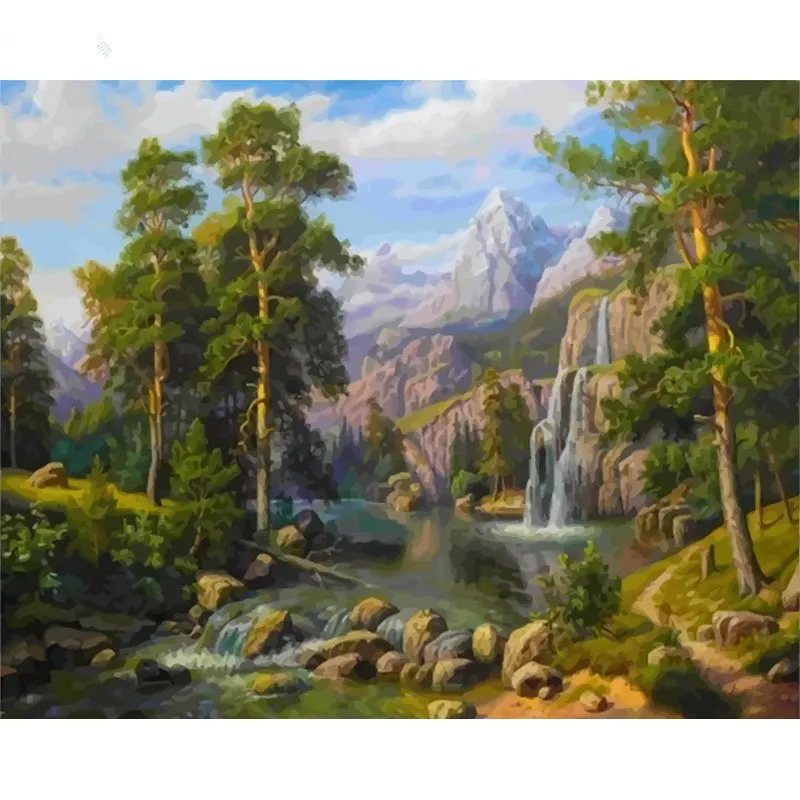 High mountain waterfall Scenery DIY Digital Painting By Numbers Modern Wall Art Oil Holiday Gift Home Decor Big Size | Дом и сад