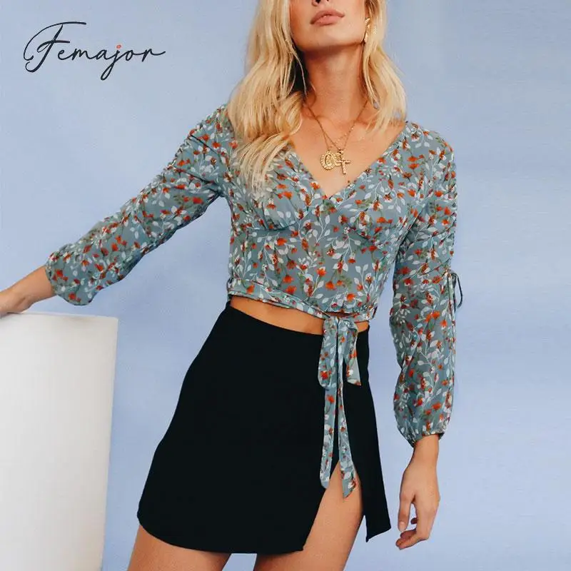 

Femajor Fashion Women Blouse 2019 Boho Print Crop Tops and Blouse Female Vintage Lantern Sleeve Drawstring Chiffon Shirt Ladies