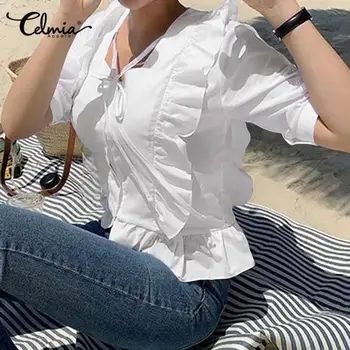 

Women Fashion Solid Ruffles Blouses Celmia Summer Ladies Half Sleeve Tunic Tops Casual Lace Up Pleated Shirt Elegant Work Blusas