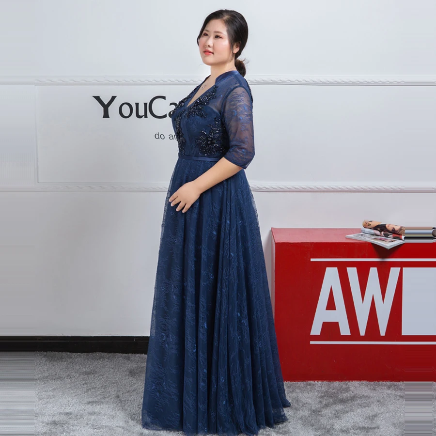 Бисероплетение Вечерние платья Кружева Robe De Soiree темно-синие женские вечерние платья размера плюс рукав три четверти Формальные платья T123