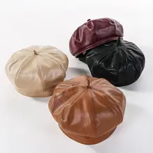 Модные женские из искусственной кожи Восьмиугольные шапочки Newsboy кепки Винтаж капот берет стиль ретро кожаная шляпа ковбой