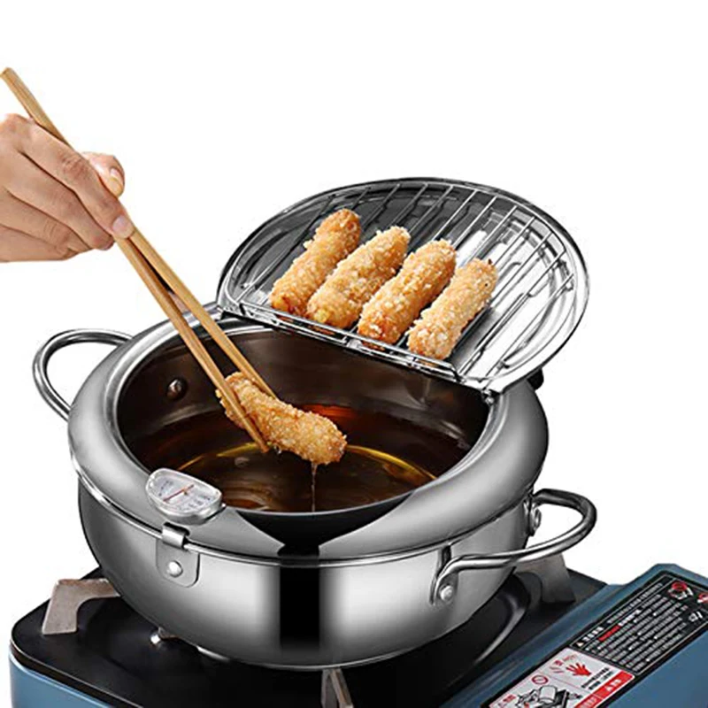

Kitchen Stainless Steel Deep Frying Pot Thermometre Tempura Fryer Pan Sets Temperature Control Fried Chicken Pot Cooking Tools