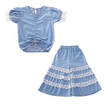 

3 4 5 6 7 8 9 10 11 12 13Y Kid Girl Clothes Set Children Outfits Denim Color Top T-shrit Tops Lace Flare Pants Summer Teenager