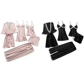 

Womens Plus Size Summer Faux Silk 5 Piece Pajamas Set Crochet Floral Lace Applique Trim Sleepwear Solid Color Nightgown Babydoll
