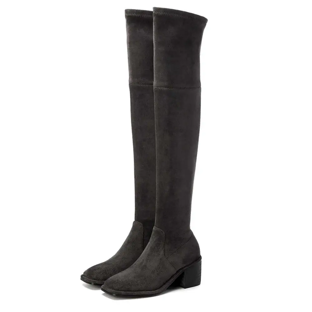 Lenkisen/высокие сапоги до бедра Модные женские зимние сапоги выше колена из эластичного материала на среднем каблуке с квадратным носком из нубука L00