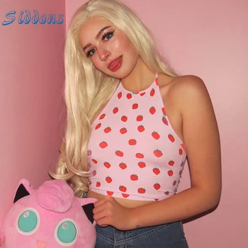 

SIDDONS Cute Pink Cropped Women Tank Tops Summer Sexy Sleeveless Halter Camisole Strawberry Print Spaghetti Strap Female Camis