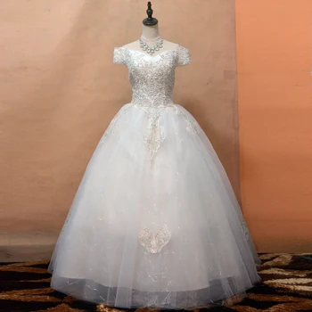 

New Year Christmas bridal dress gown Boat Neck ball gown wedding dress Lace Embroidery beading floor length vestidos de noiva