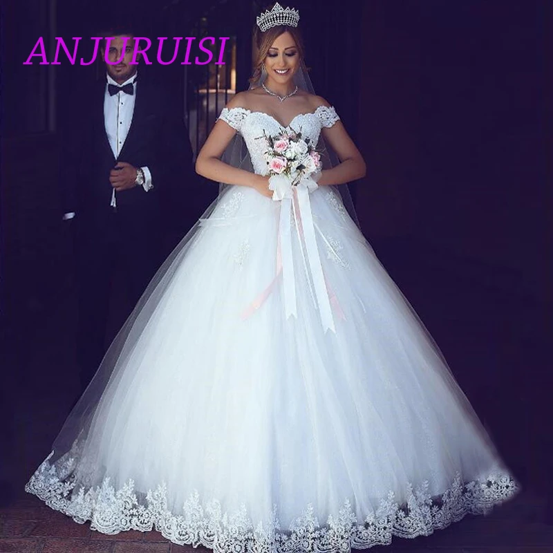 

ANJURUISI White Lace Appliques Ball Gown Cheap Wedding Dresses 2019 Off The Shoulder Short Sleeves Bridal Dresses Wedding Gowns