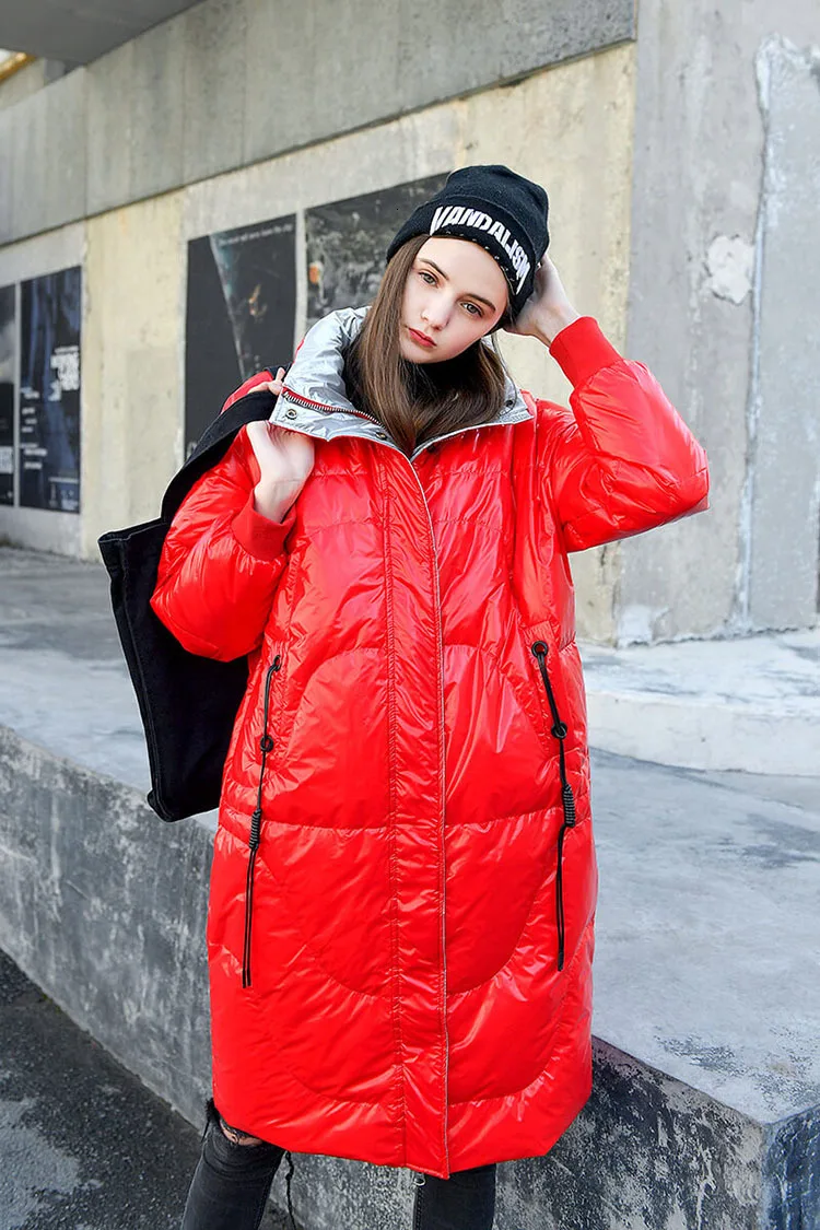 Зимняя модная женская пуховая куртка ветрозащитная Глянцевая теплая парка длинное толстое пальто Женская Толстая Уличная верхняя одежда с длинным рукавом YRF55