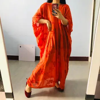 

SuperAen Slim Flower Print Embroidery Chiffon Dress Loose and Plus-sized Femal Batwing Sleeve Ankle-Length V Neck Dress Women