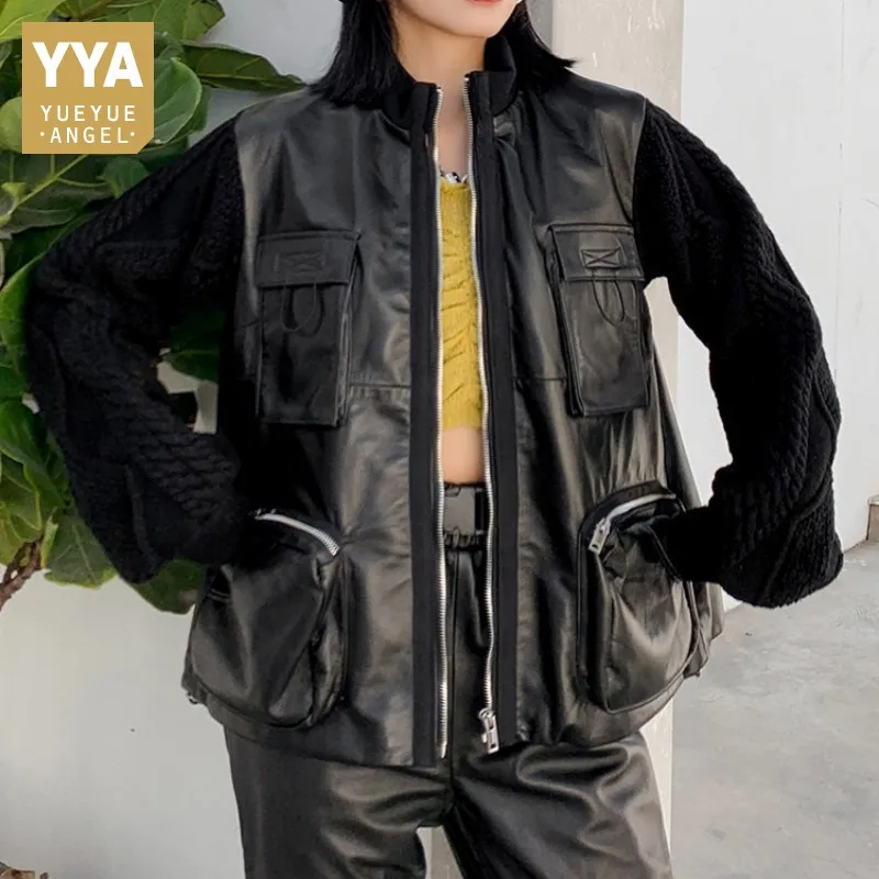 Safari Style Sheepskin Knitting Long Sleeve Trench Coat Female Streetwear Designer Loose Zipper Genuine Leather Outerwear Jacket | Женская