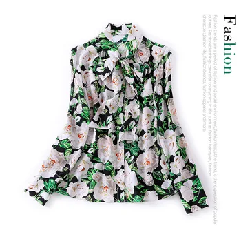 

New style neckline tie bow Flower Print Long Sleeve single breasted 03 heavyweight silk shirt female