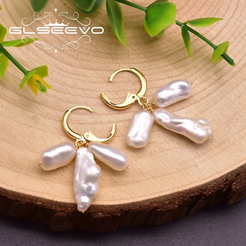 Серьги подвески GLSEEVO с натуральным пресноводным барочным жемчугом женские