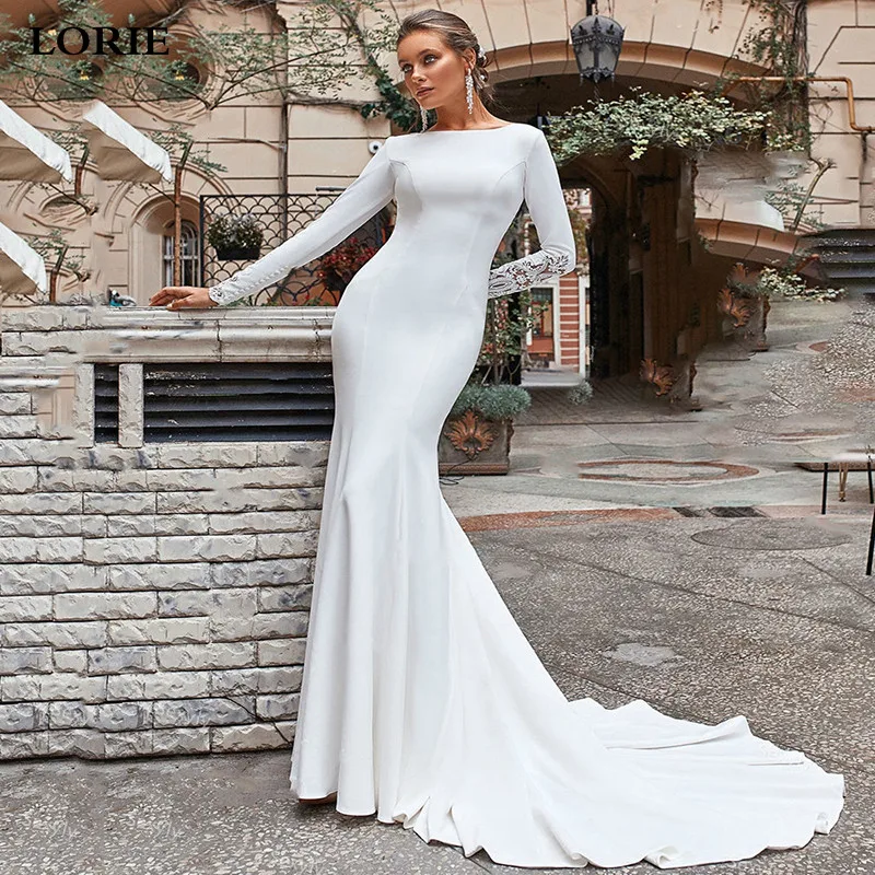 

LORIE Satin Boho Wedding Dress Mermaid Long Puff Sleeves Lace Bridal Dresses Illusoin Back Wedding Party Gowns