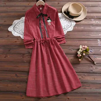 

Japanese Mori Girl Summer Dresses Women Turn Down Collar Red Blue Plaid Dress Cartoon Printed Cute Kawaii Sweet Bow Dress