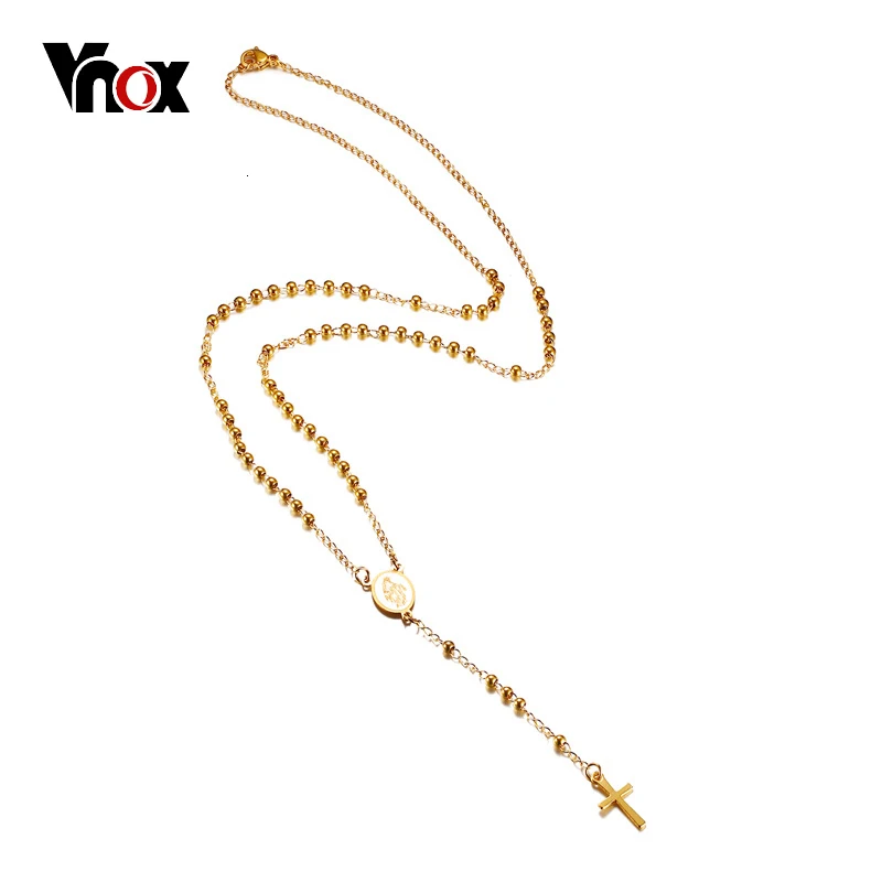 Vnox, регулируемая длина, четки, ожерелье, бисерная цепочка, крест, шарм, золотой цвет, нержавеющая сталь, повседневные женские ювелирные изделия